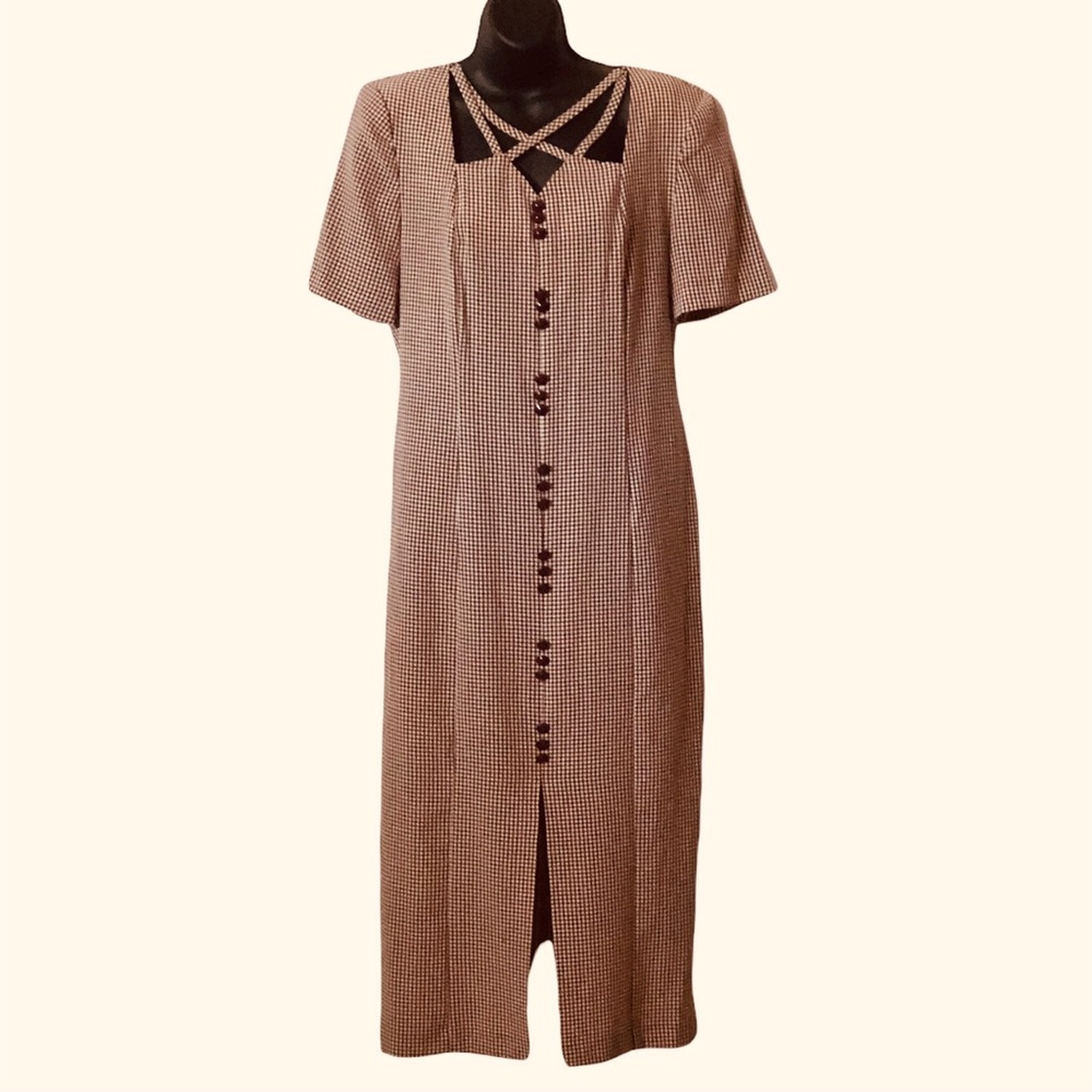 Kathie Lee collection women’s short sleeve maroon checkered midi dress size 10